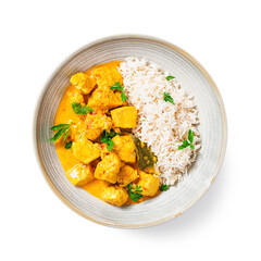 Chicken curry with rice - traditional indian food isolated on white background