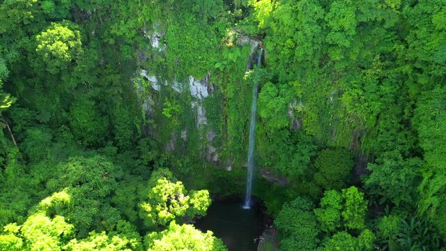 Katibawasan Falls tall waterfall in lush rainforest, tilt up aerial