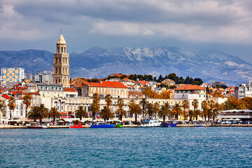Split waterfront and Marjan hill aerial view, Dalmatia, Croatia