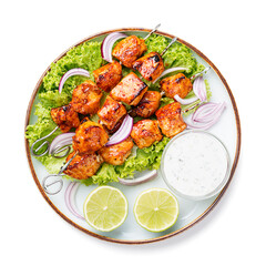 Kebabs - grilled chicken meat skewers, shish kebab with green salad leaves isolated on white background
