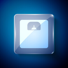 Fototapeta premium White Bathroom scales icon isolated on blue background. Weight measure Equipment. Weight Scale fitness sport concept. Square glass panels. Vector Illustration.
