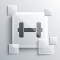 Grey Dumbbell icon isolated on grey background. Muscle lifting icon, fitness barbell, gym, sports equipment, exercise bumbbell. Square glass panels. Vector Illustration.