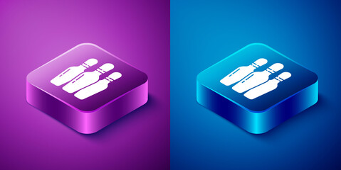 Isometric Bowling pin icon isolated on blue and purple background. Square button. Vector Illustration.