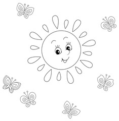 Obraz premium Friendly smiling sun playing with cheerful butterflies flittering around on a pretty summer day, black and white vector cartoon illustration for a coloring book page