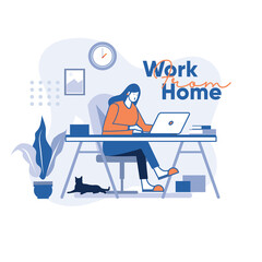 Naklejka na ściany i meble hand draw illustration of women who working from home with her laptop during corona pandemic