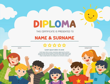Back to School. Happy children having fun together in nature. Children look up with interest. Template for Certificate kids diploma