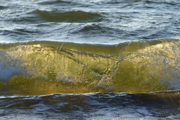 Sea or ocean, waves close-up view. Green - yellow waves sea water.