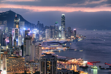 Fabulous aerial view of skyscrapers in Hong Kong at sunset