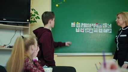 Back to school. Female teacher and a schoolboy near the blackboard. Student speaks in the classroom while looking on pictures on chalkboard. Education at school. - Powered by Adobe