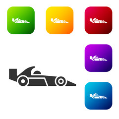 Black Formula 1 racing car icon isolated on white background. Set icons in color square buttons. Vector Illustration.