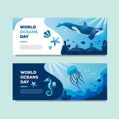 vector illustration of World Ocean Day banner with big whale sea horse and animal sea on it background 