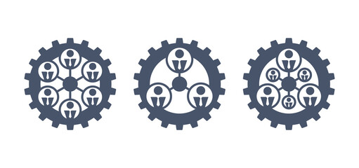 Networking icon in 3 variations with people icons connected to each other inside gear (cogwheel) - isolated vectoer emplem for logo, app and infographics