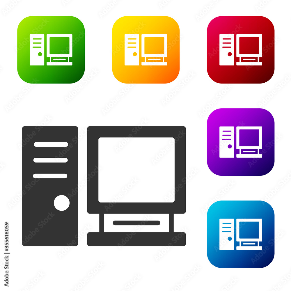 Poster black computer monitor icon isolated on white background. pc component sign. set icons in color squa