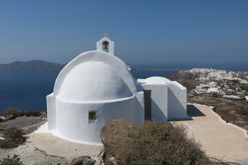 White church in Oia town on Santorini island in Greece