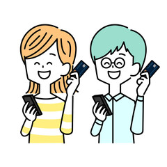 笑顔でスマホとキャッシュカードをもつ男女