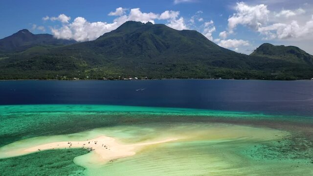 White Island sandbar and Camiguin Philippines, backwards panoramic aerial