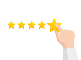 Hand holding 5th ranking star - vector illustration of maximum positive rating with 5 stars - picture for good review, service, quality, result, success