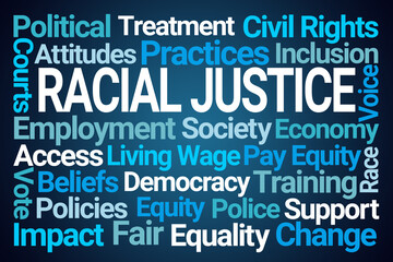 Racial Justice Word Cloud on Blue Background