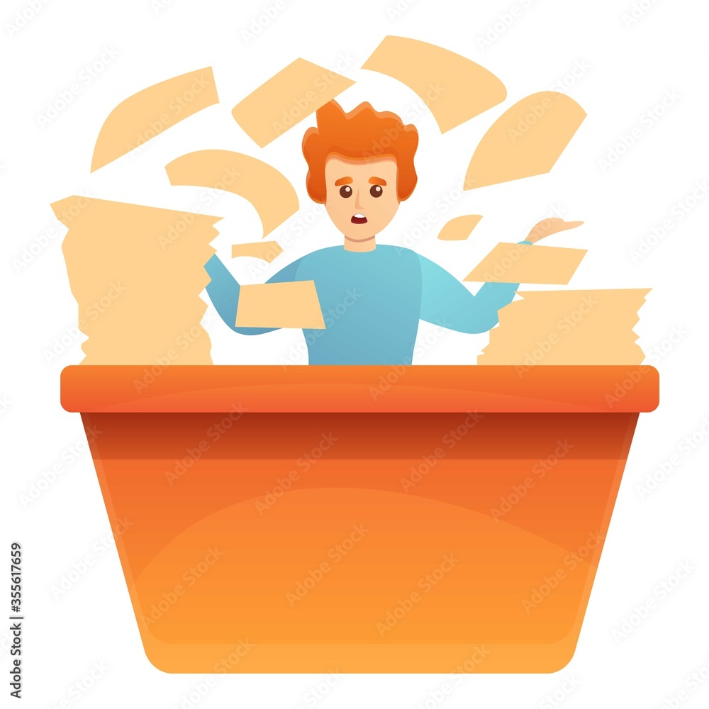 Poster worker in papers icon. cartoon of worker in papers vector icon for web design isolated on white back