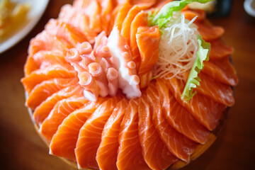 Closeup of fresh raw salmon, sushi, sashimi.