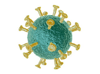 Coronavirus cells or bacteria molecule. Virus Covid-19. Virus isolated on white. Close-up of Flu, view of a virus under a microscope, infectious disease. Bacteria, cell infected organism. 3d Rendering