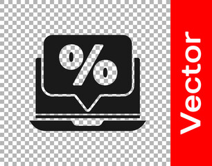 Black Percent discount and laptop icon isolated on transparent background. Sale percentage - price label, tag. Vector Illustration.