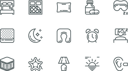 Sleep Vector Flat Line Icons Set. Sleeping Pills, Pillow, Mattress, Nightlight. Editable Stroke. 48x48 Pixel Perfect.