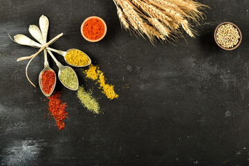 Top view of different kinds of colorful spices in spoons on black stone surface. Creative food concept texture with blank copy space for your message.