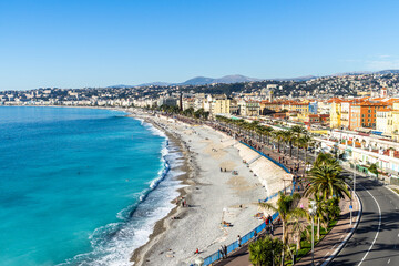 Scenic panoramic view of the famous Promenade des Anglais, the most famous tourist attraction of Nice, France