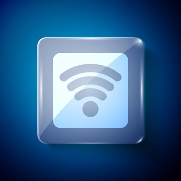 White Wi-Fi wireless internet network symbol icon isolated on blue background. Square glass panels. Vector Illustration.