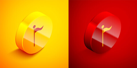 Isometric Flag icon isolated on orange and red background. Location marker symbol. Circle button. Vector Illustration.