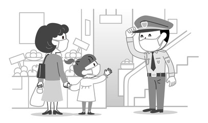 男性警備員　買い物客　マスク　モノクロ