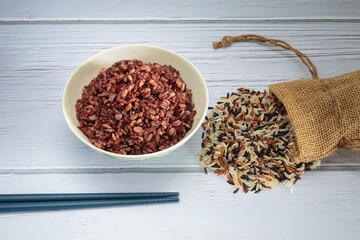 Thai riceberry mixed Thai jasmine rice in bowl is rich in many antioxidant and high in fiber.
