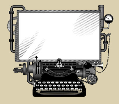 Engraved Drawing Of A Complex Iron Steampunk Computer With A White Screen