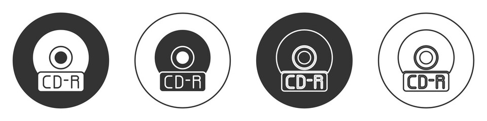 Black CD or DVD disk icon isolated on white background. Compact disc sign. Circle button. Vector Illustration.