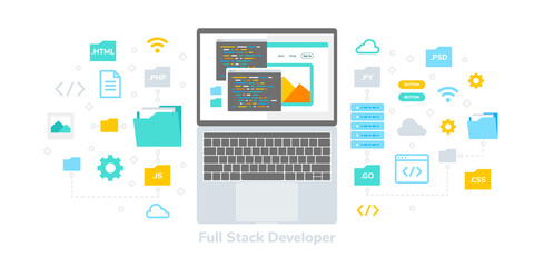 Full Stack Developer Flat Vector Illustration, Suitable for Web Banners, Infographics, Book, Social Media, And Other Graphic Assets © Imajinajib
