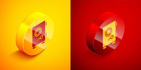 Isometric Safe icon isolated on orange and red background. The door safe a bank vault with a combination lock. Reliable Data Protection. Circle button. Vector Illustration.