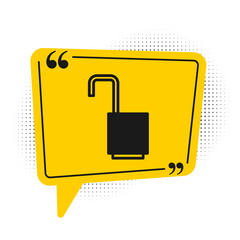 Black Open padlock icon isolated on white background. Opened lock sign. Cyber security concept. Digital data protection. Yellow speech bubble symbol. Vector Illustration.