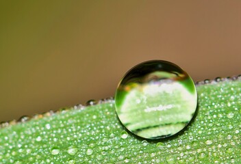 Large water droplet sitting off center on a green blade of grass with copy space, macro image.