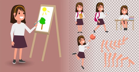 Flat Vector Girl Student character for your scenes. Character creation set with various views, face emotions, lip sync and poses. Parts of body template for design work and animation.