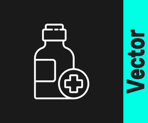 White line Bottle of medicine syrup icon isolated on black background. Vector Illustration.