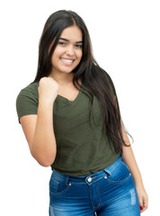 Cheering spanish young adult woman with casual clothes