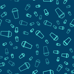Green line Milkshake icon isolated seamless pattern on blue background. Plastic cup with lid and straw. Vector Illustration.