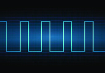 Pulsating signal on the oscilloscope monitor. The voltage waveform. A sound wave of light on a dark background. Turquoise color. Stock vector illustration.