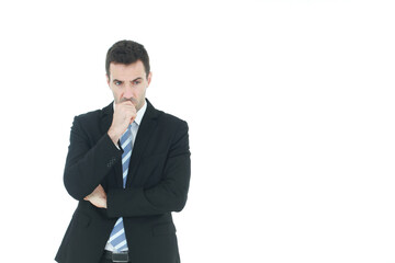 Successful and handsome businessman in a suit serious and hard thinking in working isolated on white background. Copy space