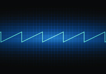 Sawtooth signal on the oscilloscope monitor. The voltage waveform. A sound wave of light on a dark background. Turquoise. Stock vector illustration.