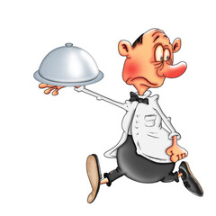 The waiter carries a tray of food covered with a lid. Cartoon illustration on a white background.