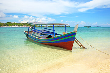 Colorful boat on a tropical island in Belitung, Indonesia.