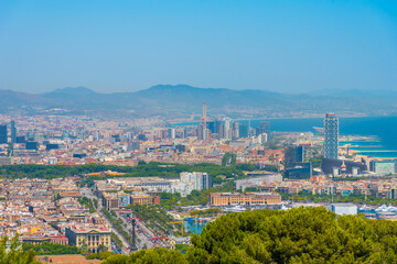 Aerial view of Passeig de Colom from Montjuic hill in Barcelona, Spain