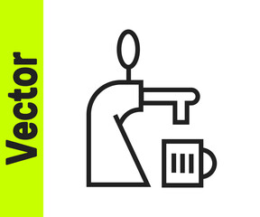 Black line Beer tap with glass icon isolated on white background. Vector Illustration.
